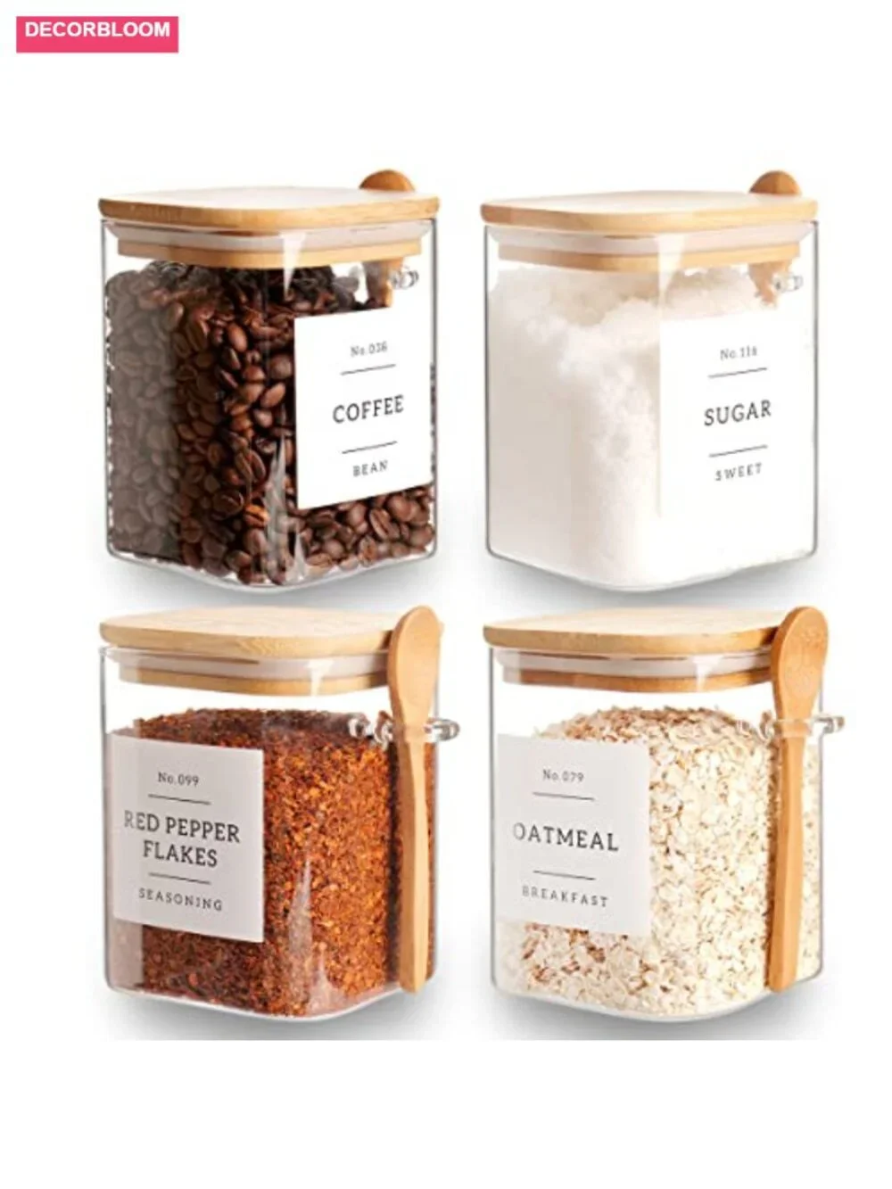 Set of 4 Square Glass Jars with Bamboo Lids and Spoons - Airtight 27 oz